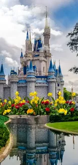 Magical castle with vibrant flowers and serene water reflection.