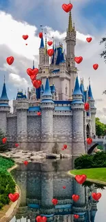 Fairytale castle with heart balloons reflecting in tranquil water.