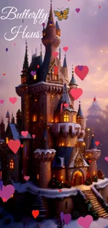 Enchanting castle with hearts and glowing sky