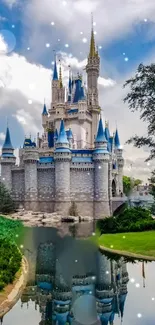 Magical castle with reflection under a vibrant blue sky and lush greenery.