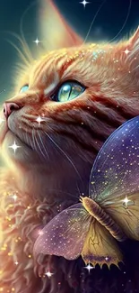 Magical art of a cat with glowing butterflies in a fantasy scene.