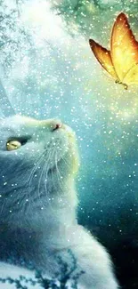 White cat gazes at glowing butterfly in magical forest setting wallpaper.