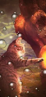 Fantasy scene with cat and glowing tree in mystical bubbles.