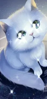 Charming white kitten with sparkling eyes in a fantasy setting.