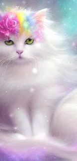 Mystical white cat in a vibrant galaxy background.