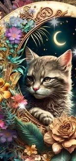 Cat nestled in crescent moon with flowers and night sky.