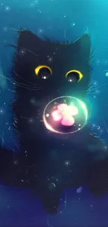 Mystical cat underwater surrounded by bubbles, glowing with magical charm.