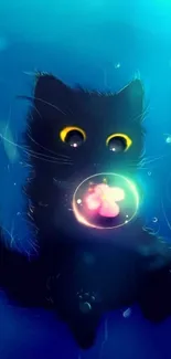 Enchanting black cat with bubble in blue water art wallpaper.