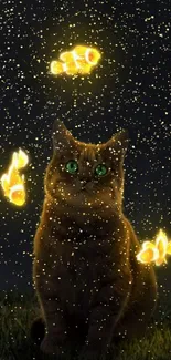 Cute cat with glowing fish in a magical night scene wallpaper.