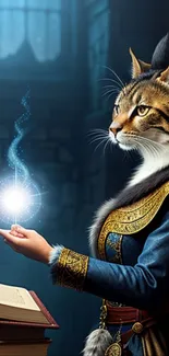 A majestic cat mage casting a spell in a mystical blue setting.