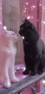 Two enchanting cats sit on a sparkling pink balcony.