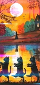 Dancing black cats by a haunted house on a moonlit night over a reflective lake.