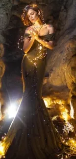 A woman in a shimmering gown stands in an illuminated cave setting.