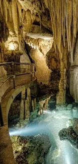 Enchanting cave with water reflection and stalactites.