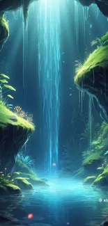 Fantasy waterfall scene with greenery and mystical lighting.