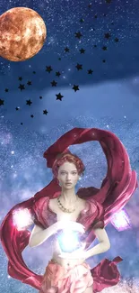 Mystical figure surrounded by stars and galaxy on phone wallpaper.