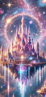 A mystical floating castle in a starry cosmic landscape.
