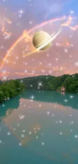 Fantasy cosmic lake with planet and rainbow reflection.