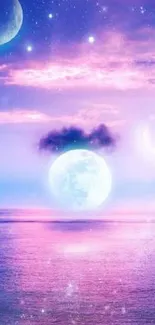 Dreamy celestial sky with moons and pink ocean.