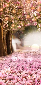 Enchanting cherry blossom pathway with pink petals and glowing lights.