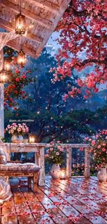 Cherry blossom deck with lantern lights