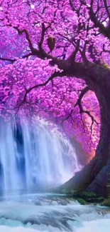 Stunning wallpaper of a cherry blossom tree beside a waterfall.