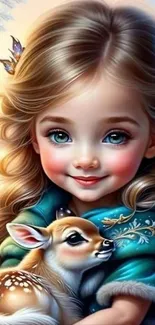 Charming child with a deer in fantasy art illustration.