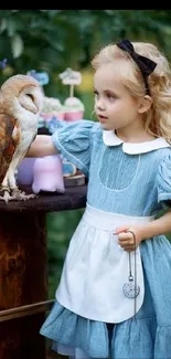 Girl in blue dress with owl in forest setting.