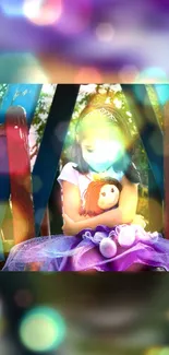 Whimsical fairy tale wallpaper with a child and doll in magical lights.