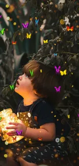 Child holding a jar of glowing lights in a dark, enchanting setting.