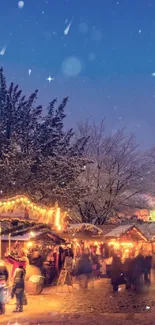 Festive Christmas market with glowing lights and snow falling at night.