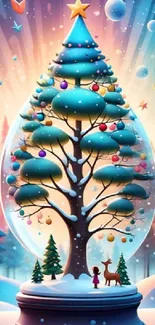 Whimsical Christmas tree in snow globe with vibrant colors.