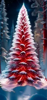 Glowing red Christmas tree in snowy forest.