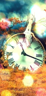 Fantasy clock in mystical autumn landscape wallpaper.