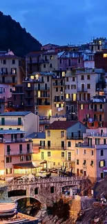 Beautiful coastal cliffside town at night with illuminated buildings and ocean view.