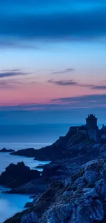 Twilight coastal view with cliffs and ocean at dusk.