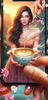 Surreal digital art of a woman serving coffee in a phone.