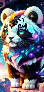 Fantasy cosmic cub with galaxy-inspired fur and vibrant colors on mobile wallpaper.