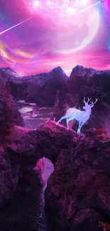 Surreal landscape with glowing deer and vibrant nebula sky.