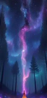 Magical night sky over a cosmic forest with vibrant colors and glowing stars.