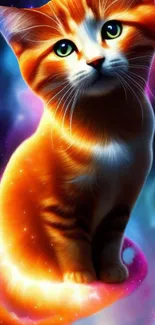 Cute orange kitten with a cosmic galaxy background.