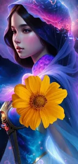 Mystical woman in cosmic setting, with yellow flower and vivid colors.