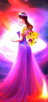 Enchanting cosmic princess in vibrant galaxy setting for mobile wallpaper.