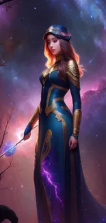 Cosmic princess in a galaxy-themed background, vibrant and mystical.