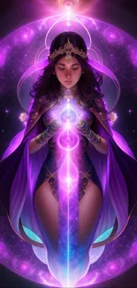 Fantasy goddess with a purple cosmic aura in mystical digital art style.