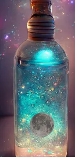 Mystical glowing bottle with cosmic stars and a moon against a space-themed backdrop.