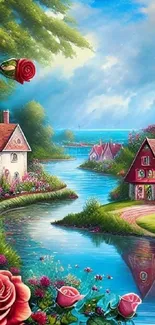 Watercolor cottage and river scene with vibrant roses and serene landscape.