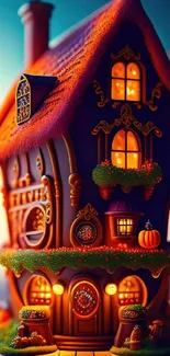 Fantasy cottage wallpaper with glowing lights and vibrant colors.