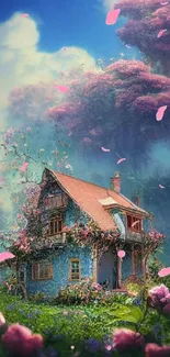 Whimsical cottage in a vibrant fantasy landscape with pink flowers and lush greenery.