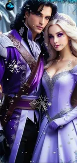 Fantasy couple in elegant purple outfits with snowy background.